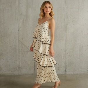 MINKPINK Ada Midi Dress Size 2 Crème and Black Polka Dot Side Split Feminine